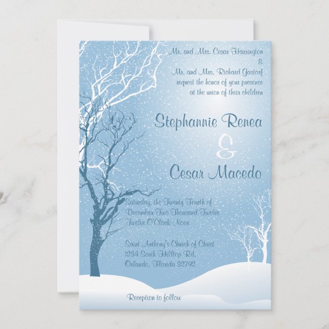 Árbol de nieve azul de invierno con invitación a b (Anverso)