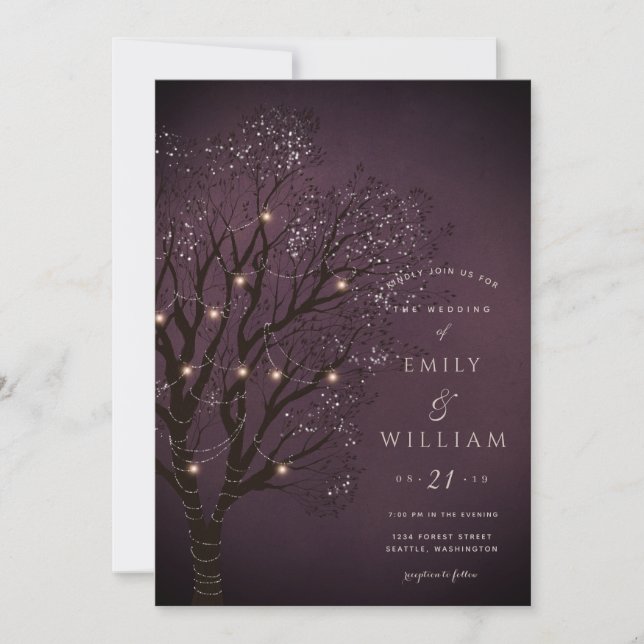Árbol de noche oscuro ilumina tarjetas de invitaci (Anverso)