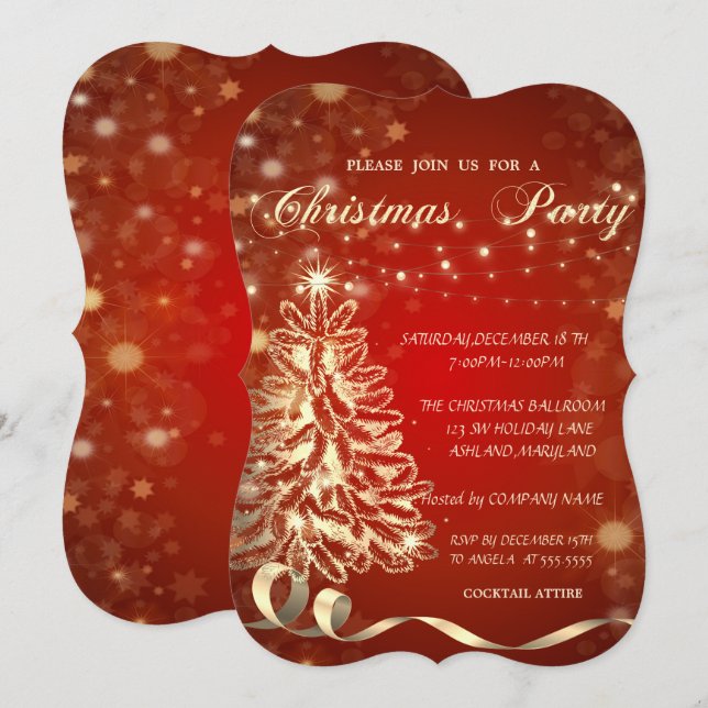 Árbol de oro de navidades, invitación de fiesta co (Anverso / Reverso)