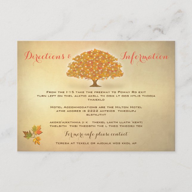 Árbol de otoño rústico iluminan tarjetas de inform (Anverso)