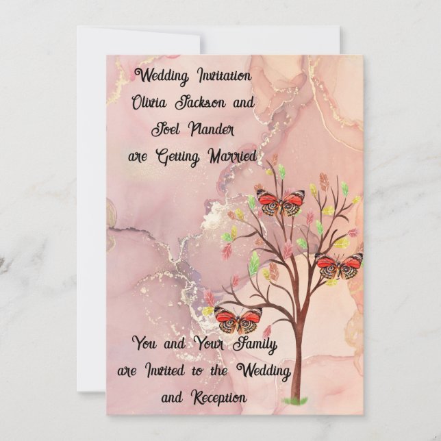 Árbol de otoño y mariposas de invitación a la boda (Anverso)
