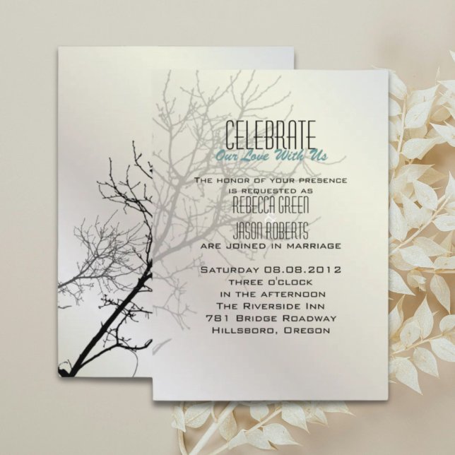 Árbol de pájaros del amor moderno invitaciones de  (Modern Love Birds Tree white Wedding Invitations)