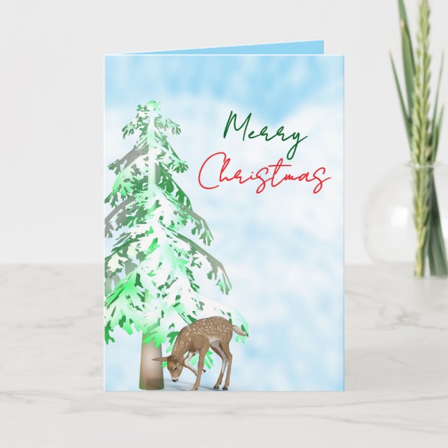 Árbol de pinos, ciervo, tarjetas de Navidades de n (Anverso)