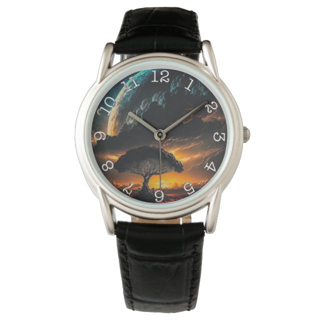 Árbol de planeta- reloj de cuero negro protector d (Anverso)