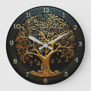 Árbol de vida en negro y oro grande reloj