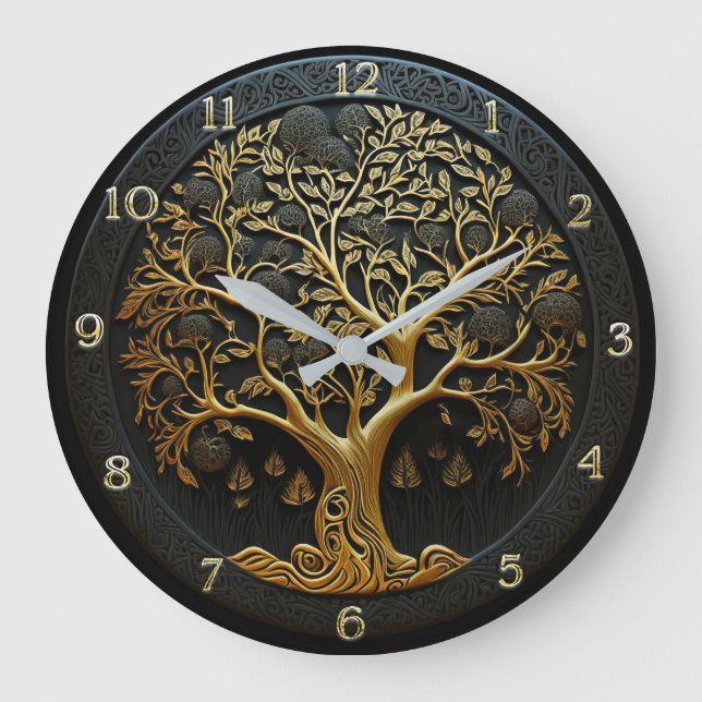 Árbol de vida en negro y oro grande reloj (Anverso)
