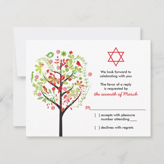 Árbol de vida Red Green Bat Mitzvah RSVP Tarjeta d (Anverso)