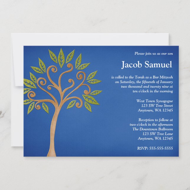 Árbol de vida Swirls Blue Bar Invitaciones Mitzvah (Anverso)
