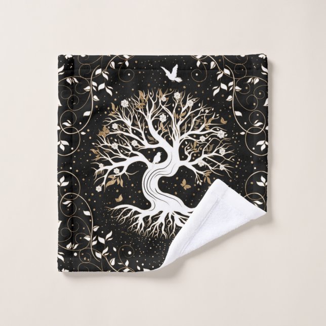 Árbol de vida - Yggdrasil - blanco negro y oro (Toallita)