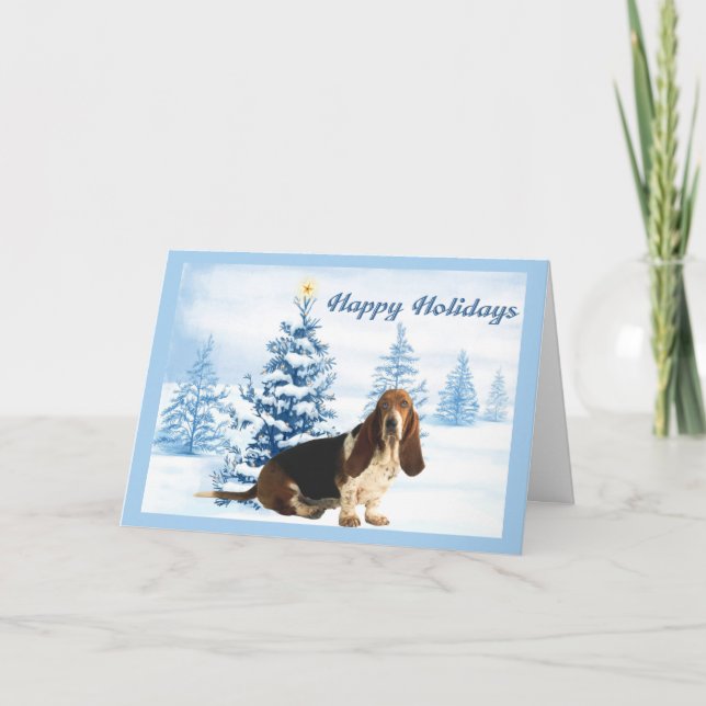 Árbol del azul de la tarjeta de Navidad de Basset (Anverso)