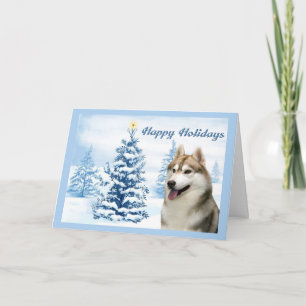 Árbol del azul de la tarjeta de Navidad del husky