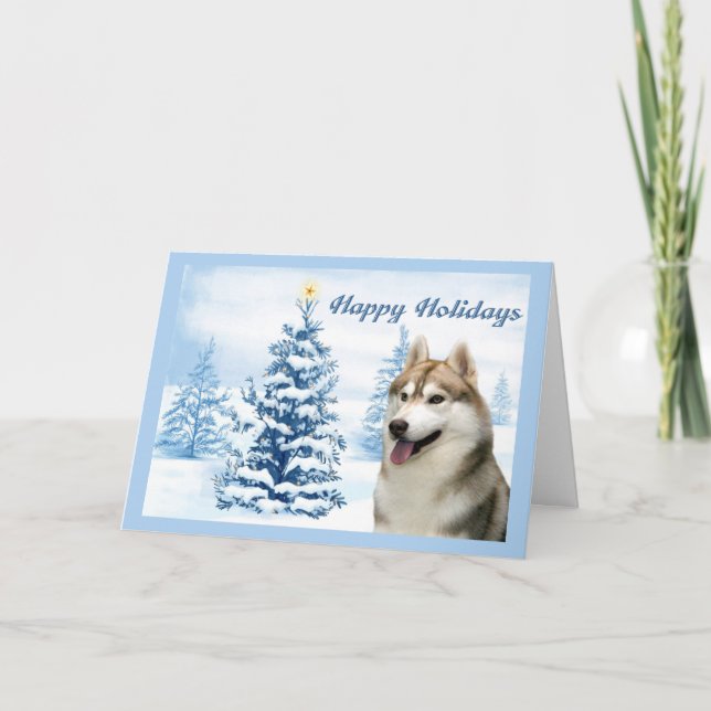 Árbol del azul de la tarjeta de Navidad del husky (Anverso)