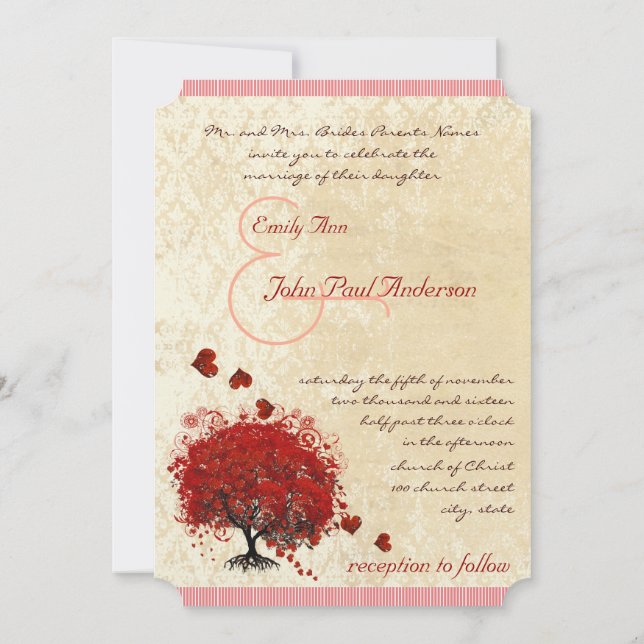 Árbol del corazón rojo caída corazones Invitación  (Reverso)