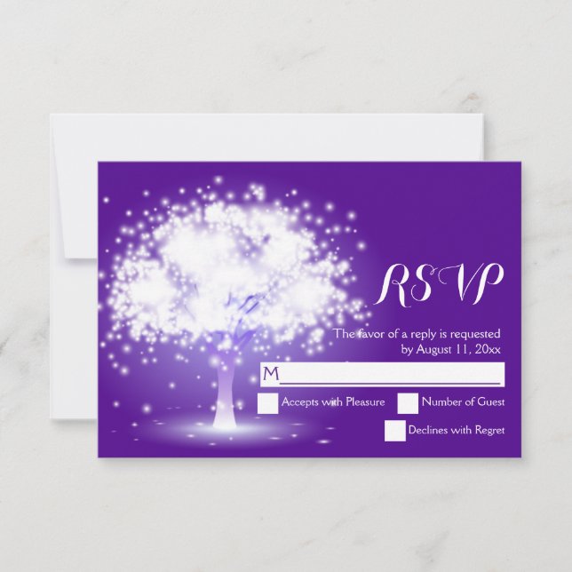 Árbol mágico, luces brillantes boda púrpura RSVP (Anverso)