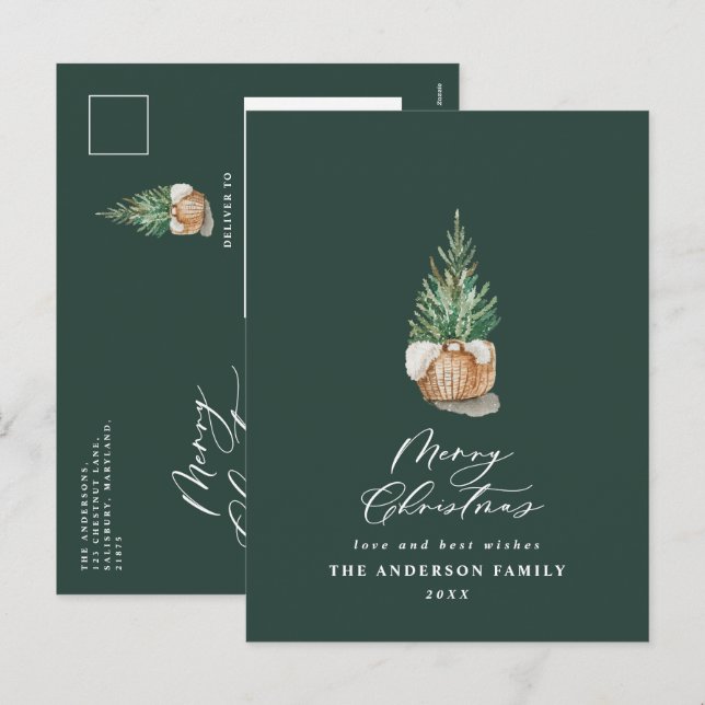Árbol moderno de Navidad verde acuarela mínimo (Anverso / Reverso)
