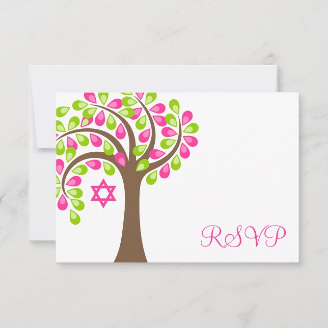 Árbol moderno de vida Bat verde rosa Mitzvah RSVP (Anverso)
