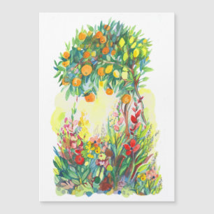 Árbol naranja y pintura acuarela de flores