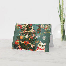 Árbol navideño festivo y tarjeta de gato