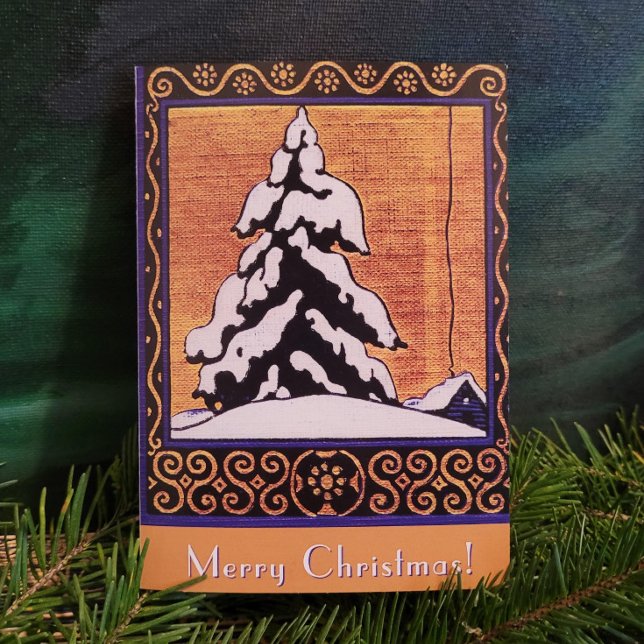 Árbol nevado de Navidad alegre (Snowy Tree from a vintage book cover)