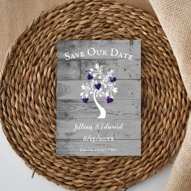 Árbol púrpura de Corazones Guarda el Anuncio de Fe (Purple Tree of Hearts Save the Date)