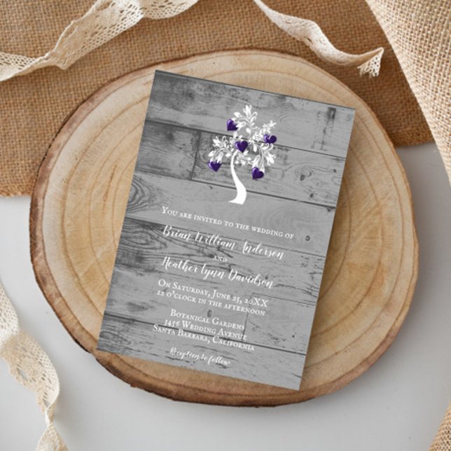 Árbol púrpura de la invitación a la boda del coraz (Purple Tree of Hearts Wedding Invitation)