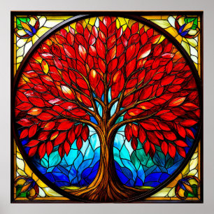 Árbol Rojo Vibrante Arte de Vidrio Emplomado