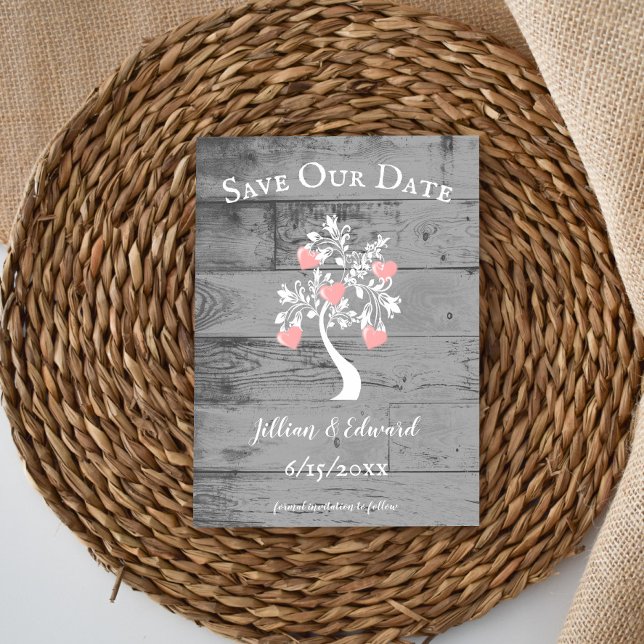 Árbol rosa de corazones guarda el anuncio de fecha (Pink Tree of Hearts Save the Date)