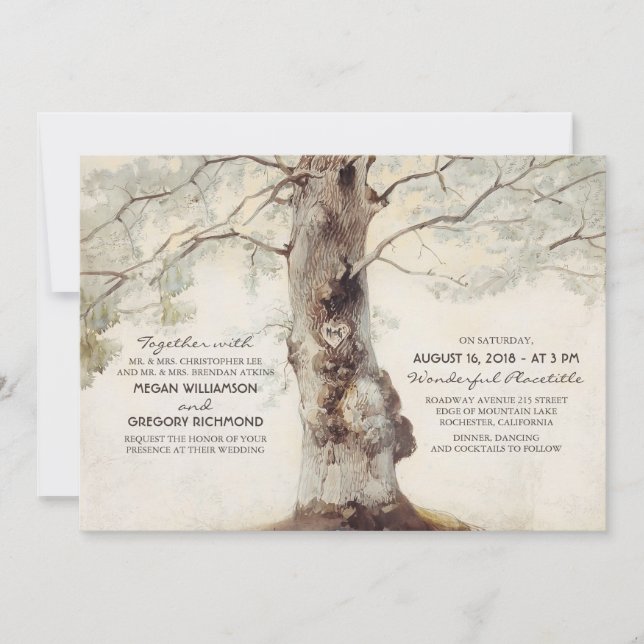 Árbol rústico e invitaciones de casamiento del cor (Anverso)