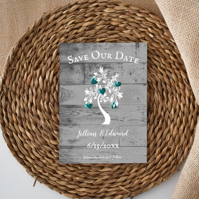 Árbol verde azulado de corazones guarda el anuncio (Teal Tree of Hearts Save the Date)