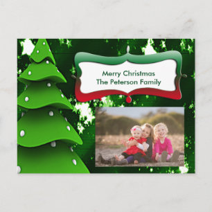 Árbol verde falso de Navidad con postal fotográfic