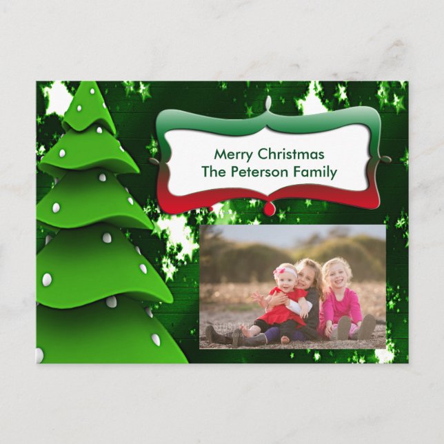 Árbol verde falso de Navidad con postal fotográfic (Anverso)