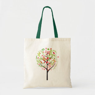 Árbol verde rojo y bonitos pájaros en la bolsa