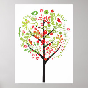 Árbol verde rojo y pájaros lindos impresión poster
