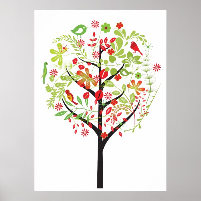 Árbol verde rojo y pájaros lindos impresión poster (Frente)