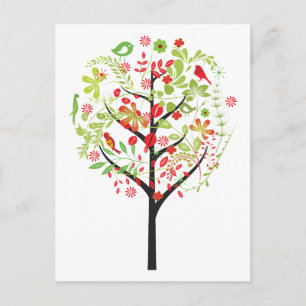 Árbol verde rojo y postal de pájaros lindos