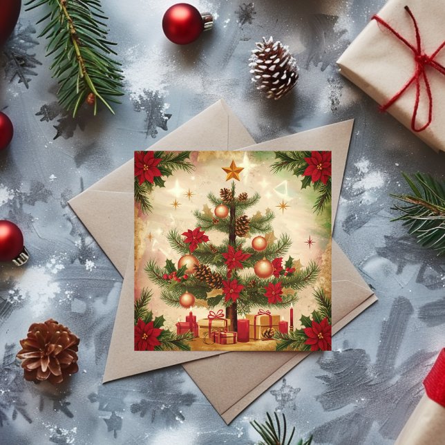 Árbol vintage de Navidad y regalos (Vintage Christmas tree and presents Holiday Card)
