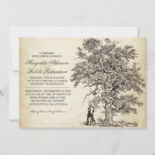árbol vintage y dos invitaciones de boda únicas