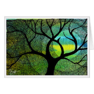 Árbol y luna - acuarelas azules y amarillas