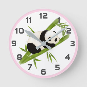Árboles de bambú rosa Gris Panda reloj de pared de