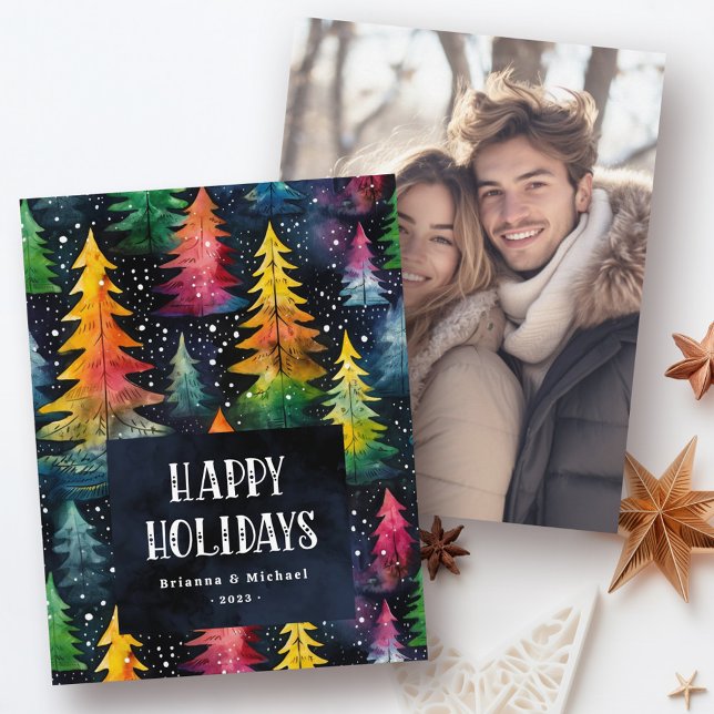 Árboles de Navidad coloridos en acuarela Felidades (Colorful watercolor Christmas trees Happy Holidays Holiday Card)