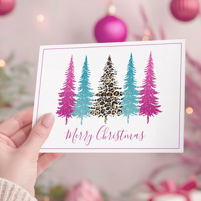 Árboles de Navidad Modernos Turquesa y Rosa (Modern Pink Christmas Card)