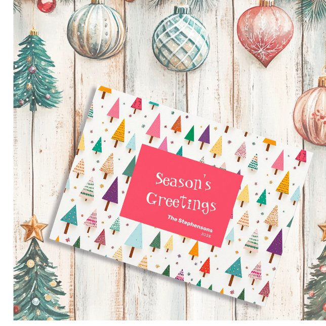Árboles de Navidad Retro Cute Tarjeta de Vacacione (Cute Retro Christmas Trees Holiday Card (flat card) "Season's Greetings")