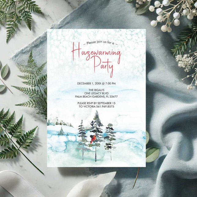 Árboles de Navidad rústicos Invitati, Fiesta que c (Housewarming party invitations rustic winter watercolor scene by Victoria Grigaliunas)