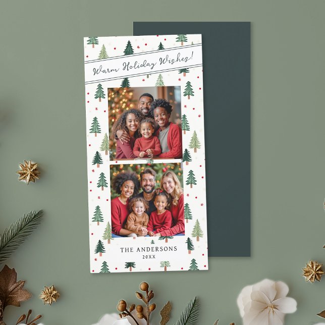 Árboles de Navidad verdes modernos 2 deseos de fot (Green Christmas tree pattern 2 family photo holiday cards saying "Warm Holiday Wishes".)