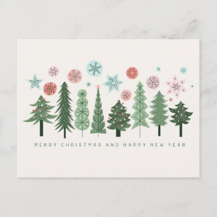 Árboles de Navidad y copos de nieve estilizados