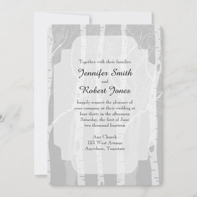 Árboles invernales en invitación a matrimonio gris (Anverso)