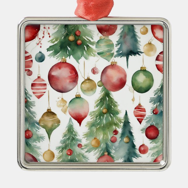 Árboles navideños y ornamentos acuarelas Resumen (Frente)