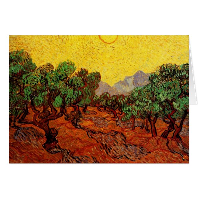 Árboles olivos con cielo amarillo y sol (Anverso (Horizontal))