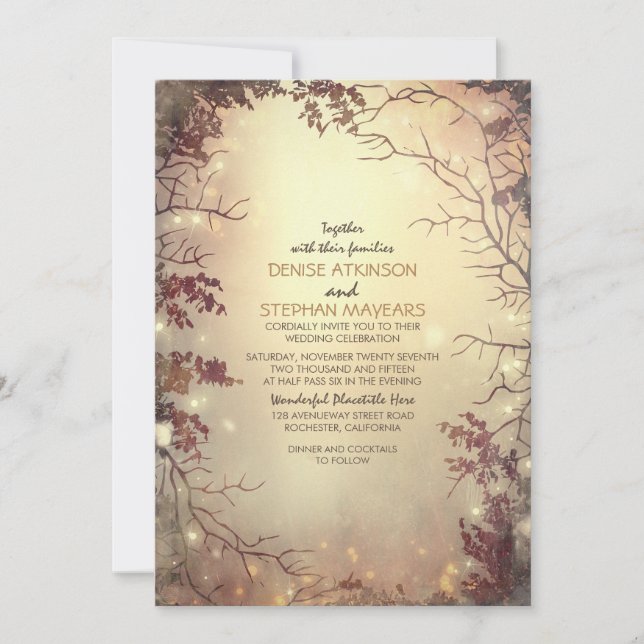 Árboles y cuerdas iluminan invitación a matrimonio (Anverso)