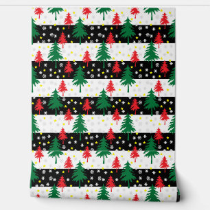 Árboles y estrellas de Navidad en pared de franjas